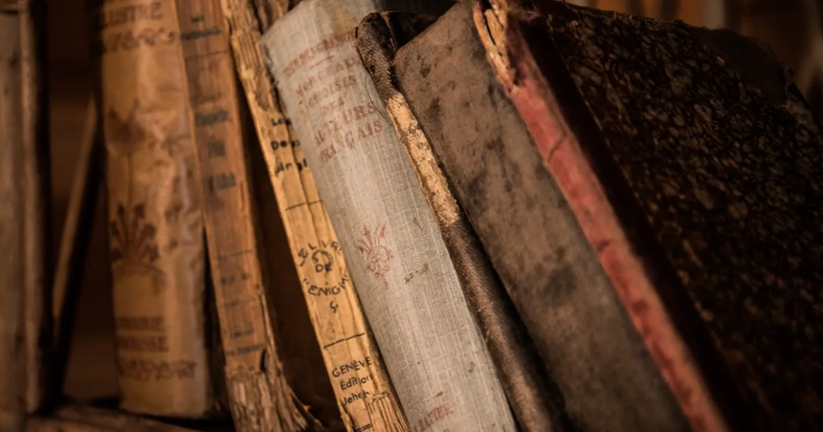 A shelf of antique books, evoking the archive and literary recovery.