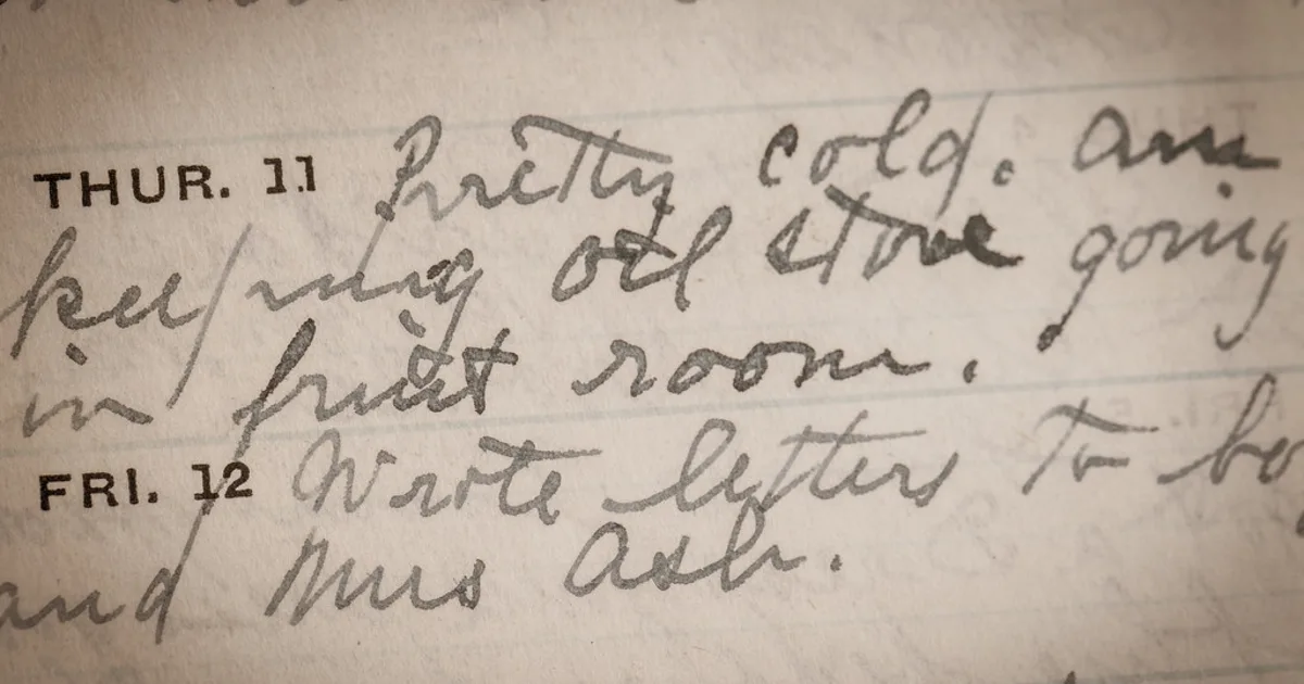 Handwritten notes in an old diary, evoking life-writing and memory.